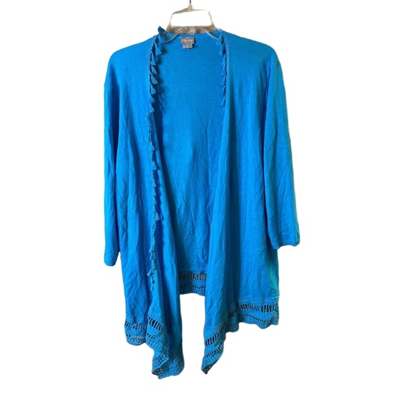 NWT Chicos Blue Crochet Lace Hem Tassel Trim Open Front Cardigan Size 4 (XL) - Picture 1 of 11